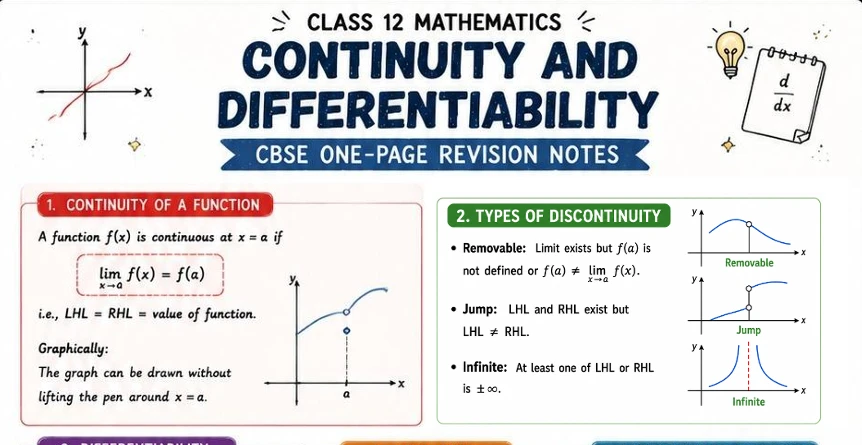CBSE Class 12 Mathematics one-page revision notes on Continuity and Differentiability, covering continuity of a function, the left-hand and right-hand limits