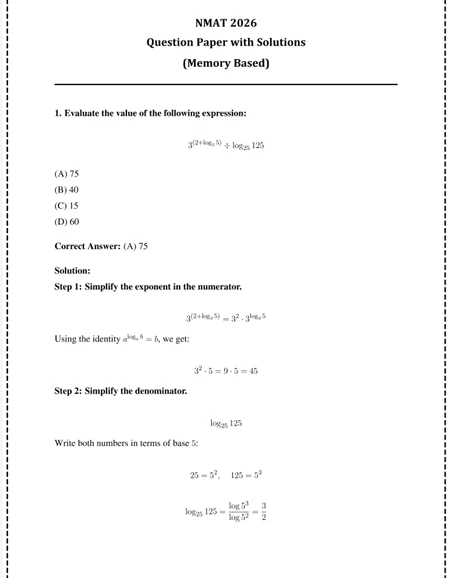 NMAT 2026 memory-based question paper with solutions featuring a logarithmic expression, multiple-choice answers, and step-by-step calculations.