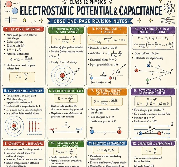 CBSE Class 12 Physics Electrostatic Potential and Capacitance one-page notes covering electric potential, point charge, dipole, potential energy, conductors, dielectrics, polarization, capacitors, and capacitance.