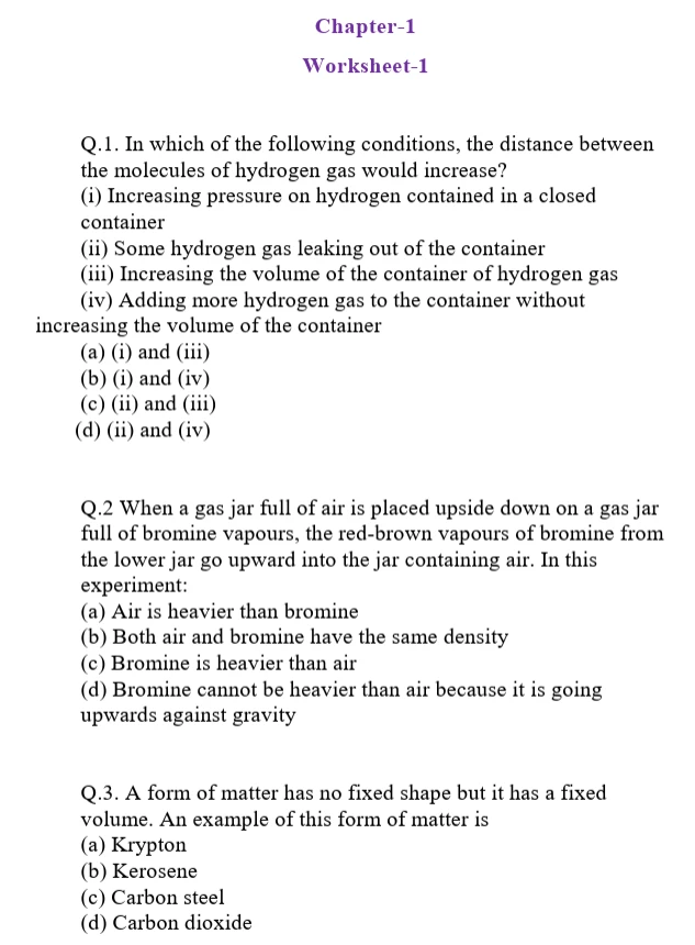 CBSE Class 9 Science worksheet on Matter in Our Surroundings, featuring MCQs on molecular distance, diffusion of gases, density, and the properties of solids, liquids, and gases.