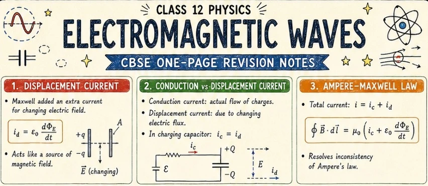 CBSE Class 12 Physics one-page revision notes on Electromagnetic Waves, covering displacement current, conduction versus displacement current
