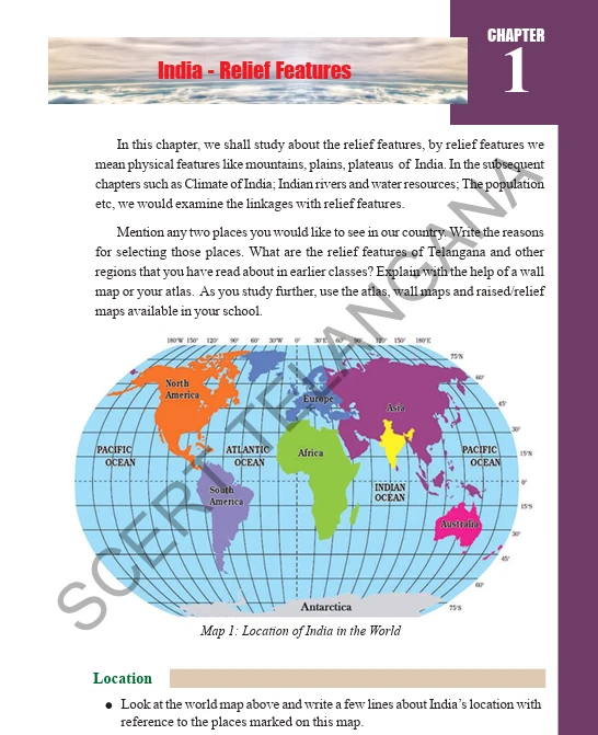 Social Studies Chapter 1, India – Relief Features, introducing India’s physical features, location, and relief maps, with a world map showing India’s geographical location.