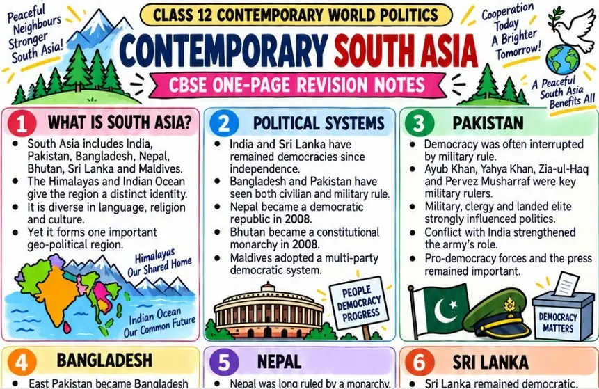 CBSE Class 12 Political Science one page revision notes on Contemporary South Asia covering regional countries, political systems, democracy, military rule and developments in Pakistan, Bangladesh, Nepal and Sri Lanka.