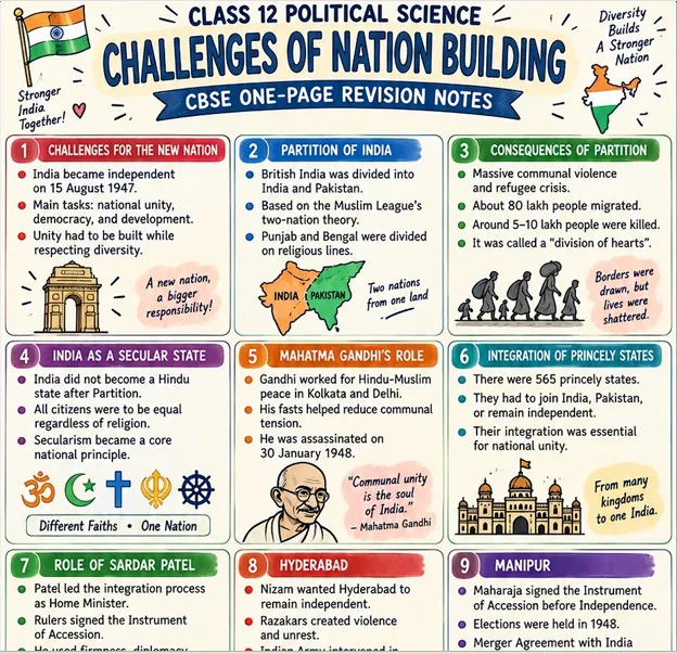 CBSE Class 12 Political Science one-page notes on Challenges of Nation Building, covering Partition, secularism, Gandhi, integration of princely states, Hyderabad and Manipur.