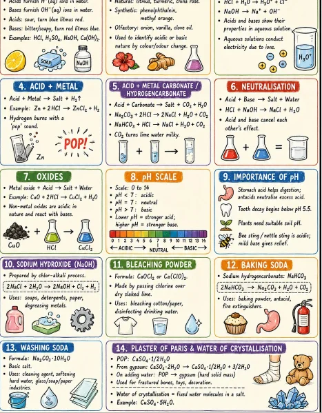 Class 10 Science one-page revision notes on acids, bases and salts, covering pH, indicators, acid reactions, neutralisation, oxides, sodium hydroxide, bleaching soda, washing soda, and plaster of Paris.