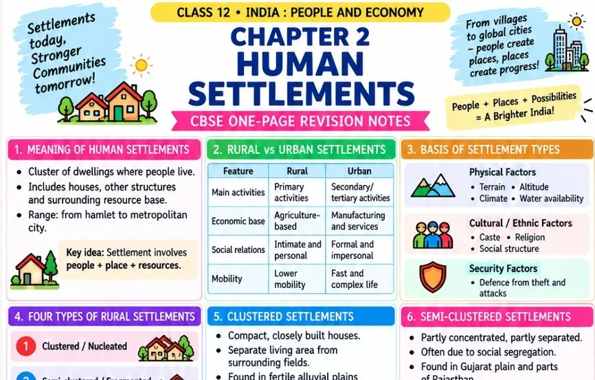 CBSE Class 12 Geography one-page revision notes on India: People and Economy — Chapter 2: Human Settlements, covering the meaning of human settlements