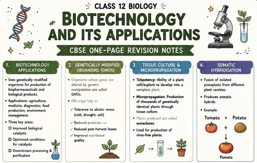 CBSE Class 12 Biology one-page revision notes on Biotechnology and Its Applications, covering genetically modified organisms (GMOs)