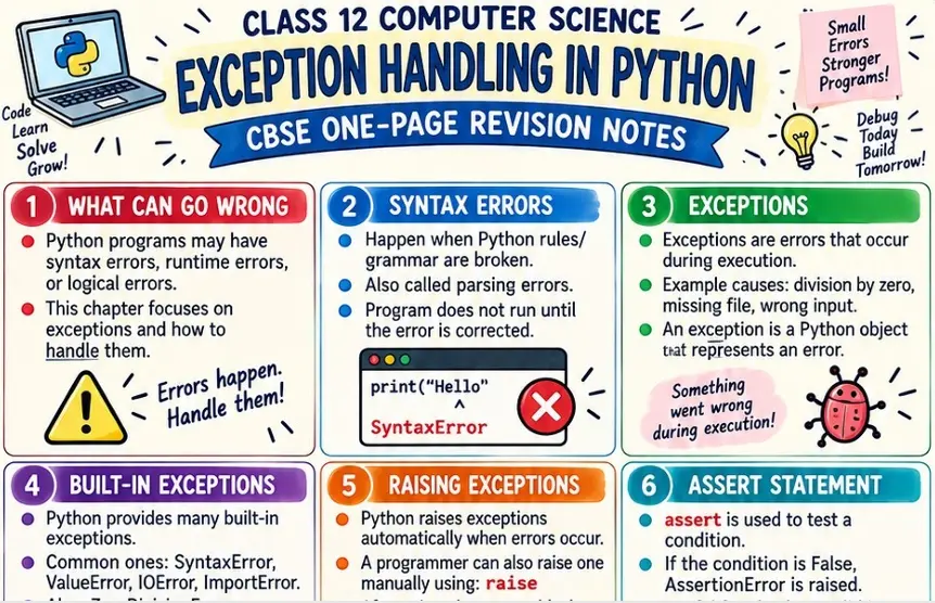 CBSE Class 12 Computer Science one page revision notes on Exception Handling in Python covering syntax errors, runtime exceptions, built in exceptions, raising exceptions and assert statements.