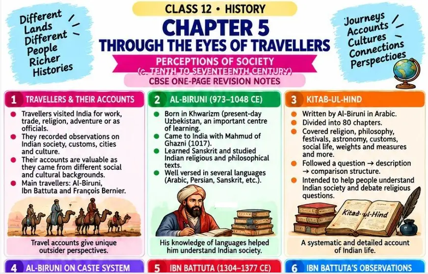 CBSE Class 12 History one-page revision notes on Chapter 5: Through the Eyes of Travellers — Perceptions of Society (c. 10th to 17th Century), covering travellers’ accounts of Indian society