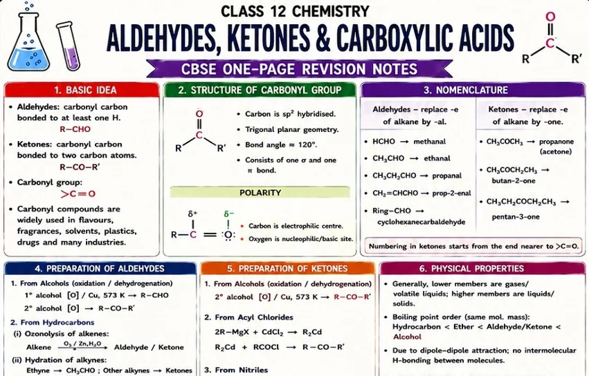 CBSE Class 12 Chemistry one-page revision notes on Aldehydes, Ketones and Carboxylic Acids, covering basic concepts, carbonyl group structure and polarity