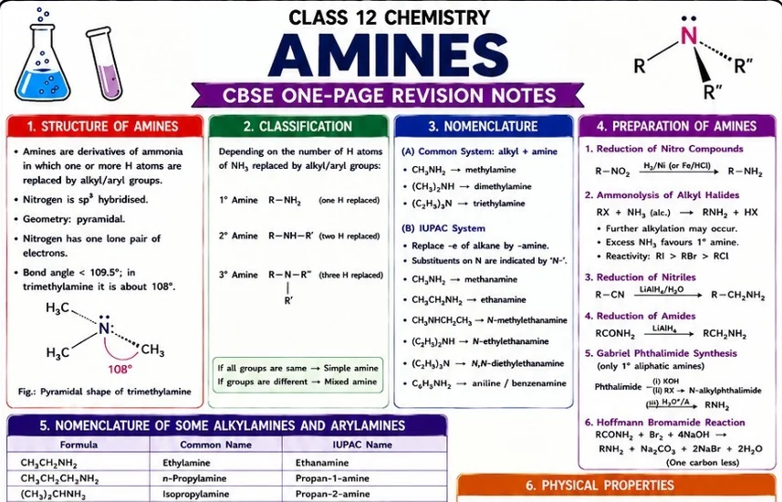 CBSE Class 12 Chemistry one-page revision notes on Amines, covering the structure and classification of amines, nomenclature, preparation methods
