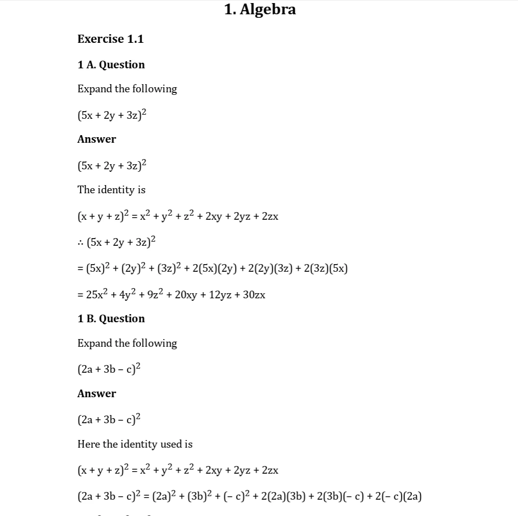 TN Board Class 9 Mathematics Term - 2 Chapter 3, Algebra, Exercise 1.1 showing solved expansion problems using algebraic identities, including \((5x+2y+3z)^2\) and \((2a+3b-c)^2\).