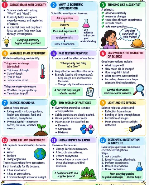 CBSE Class 8 Science one-page revision notes on Curiosity, covering scientific investigation, experiments, variables, observation, particles, light