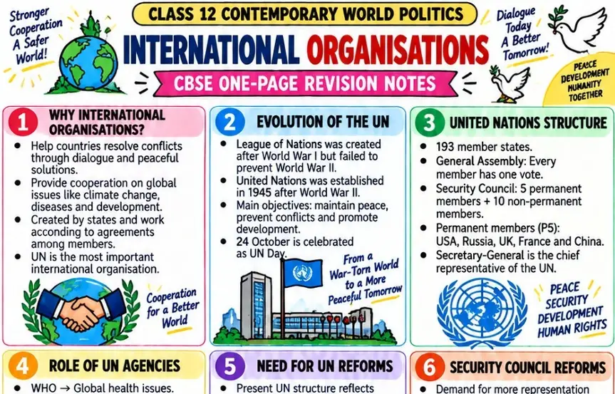 CBSE Class 12 Political Science one page revision notes on International Organisations covering the United Nations, its structure, UN agencies, global cooperation, reforms and Security Council changes.