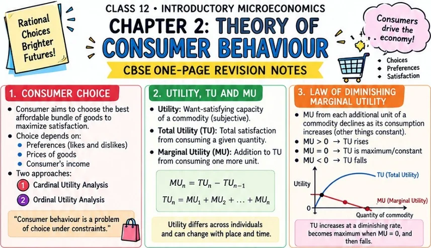 CBSE Class 12 Introductory Microeconomics one-page revision notes on Chapter 2: Theory of Consumer Behaviour, covering consumer choice