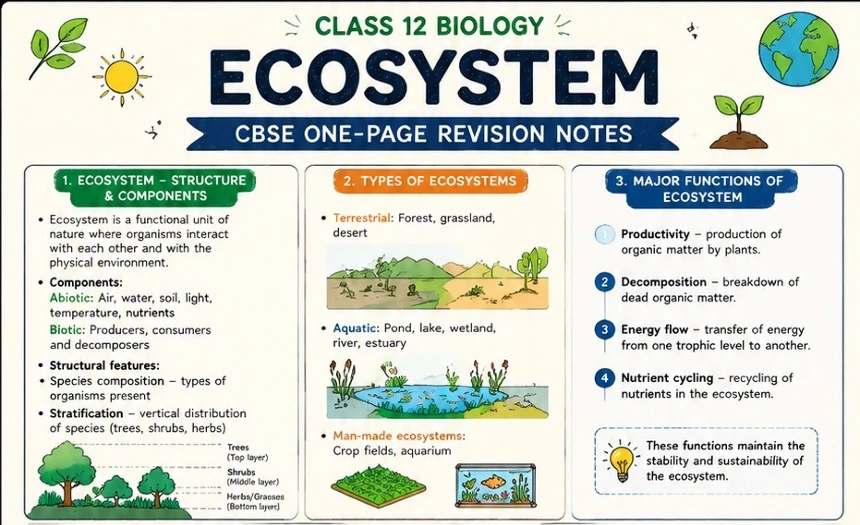 CBSE Class 12 Biology one-page revision notes on Ecosystem, covering ecosystem structure and components, biotic and abiotic factors