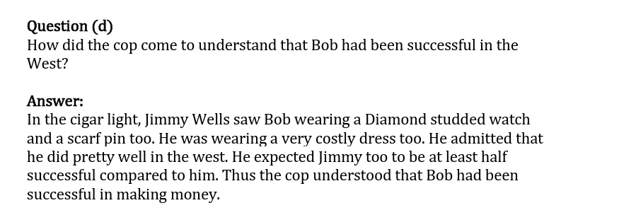General English study material showing a question about how the cop realized Bob had been successful in the West, with the answer noting Bob’s diamond-studded watch, scarf pin, costly clothes, and his claim of doing well in the West.