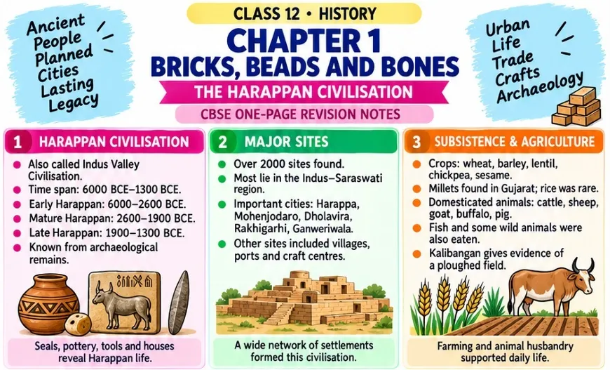 CBSE Class 12 History one-page revision notes on Chapter 1: Bricks, Beads and Bones The Harappan Civilisation, covering the civilisation’s timeline, major archaeological sites