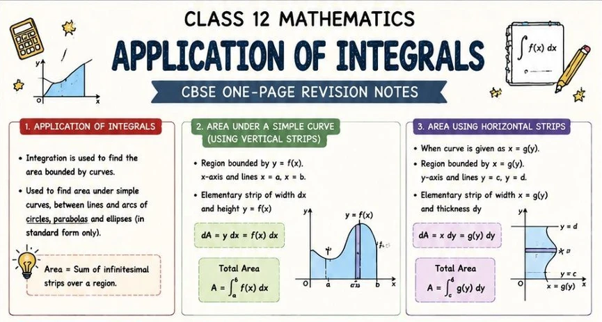 CBSE Class 12 Mathematics one-page revision notes on Application of Integrals, covering area under a simple curve, integration using vertical and horizontal strips