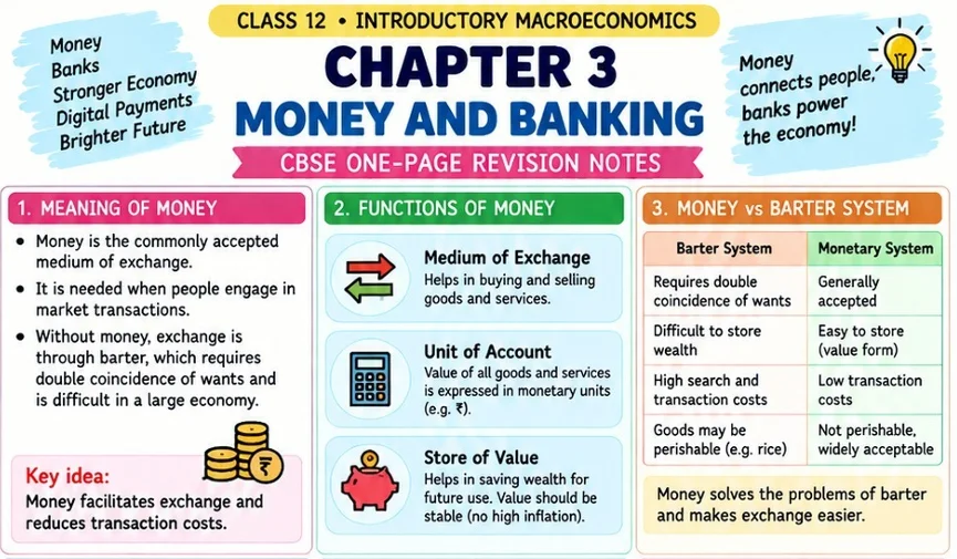 CBSE Class 12 Introductory Macroeconomics one-page revision notes on Chapter 3: Money and Banking, covering the meaning and functions of money