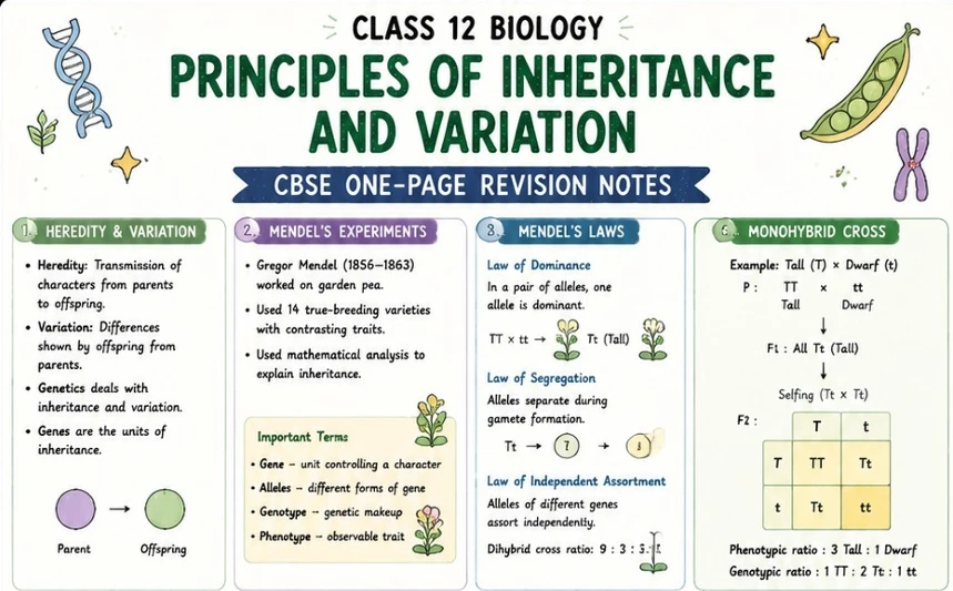 CBSE Class 12 Biology one-page revision notes on Principles of Inheritance and Variation, covering heredity, genetic variation, Mendel’s experiments