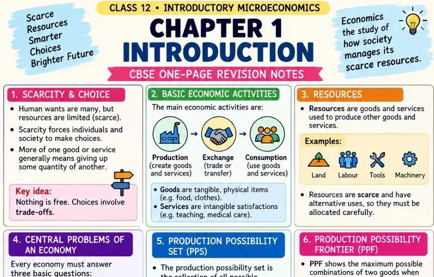 CBSE Class 12 Introductory Microeconomics one-page revision notes on Chapter 1: Introduction, covering scarcity and choice, basic economic activities