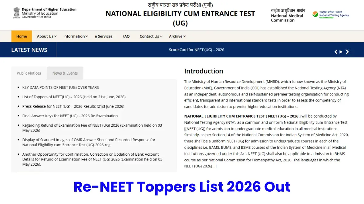 Re-NEET UG 2026 Toppers List Out: Check AIR 1, Top 10, Marks and State-Wise Rankers