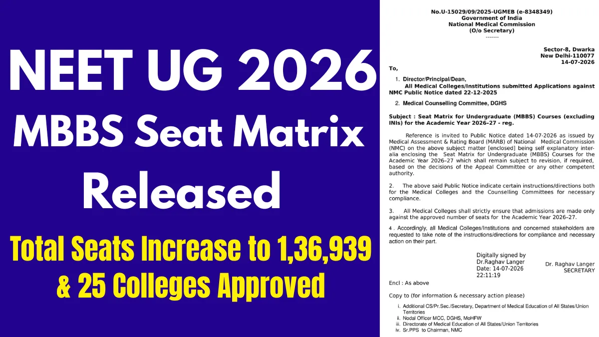 NEET UG 2026 MBBS Seat Matrix (Out): 9,911 Seats Added, 25 New Medical Colleges Approved