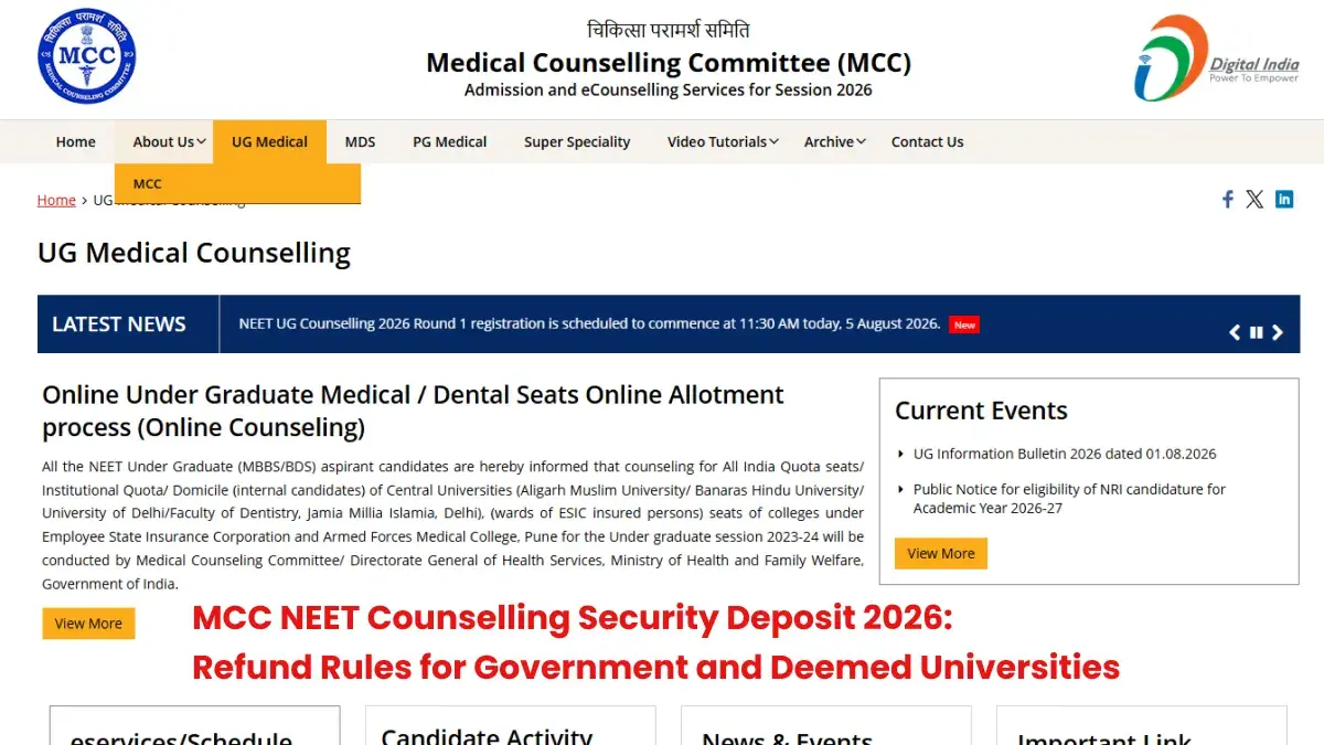 MCC NEET Counselling Security Deposit 2026: Refund Rules for Government and Deemed Universities