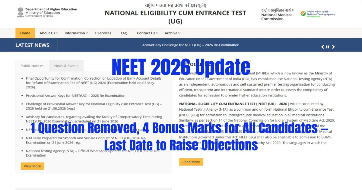 NEET 2026 Update: 1 Ques Removed, 4 Bonus Marks for All Candidates — Last Date to Raise Objections