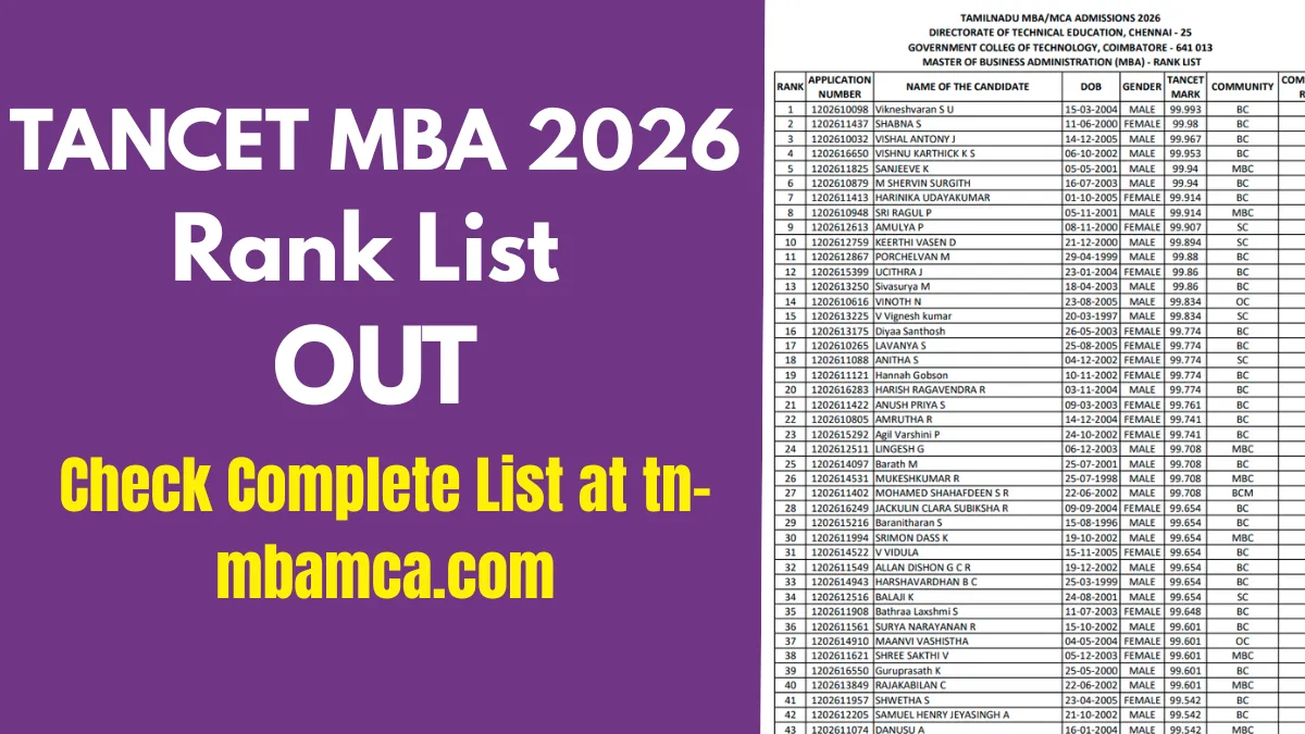 TANCET MBA 2026 Rank List Out: Check Complete List at tn-mbamca.com
