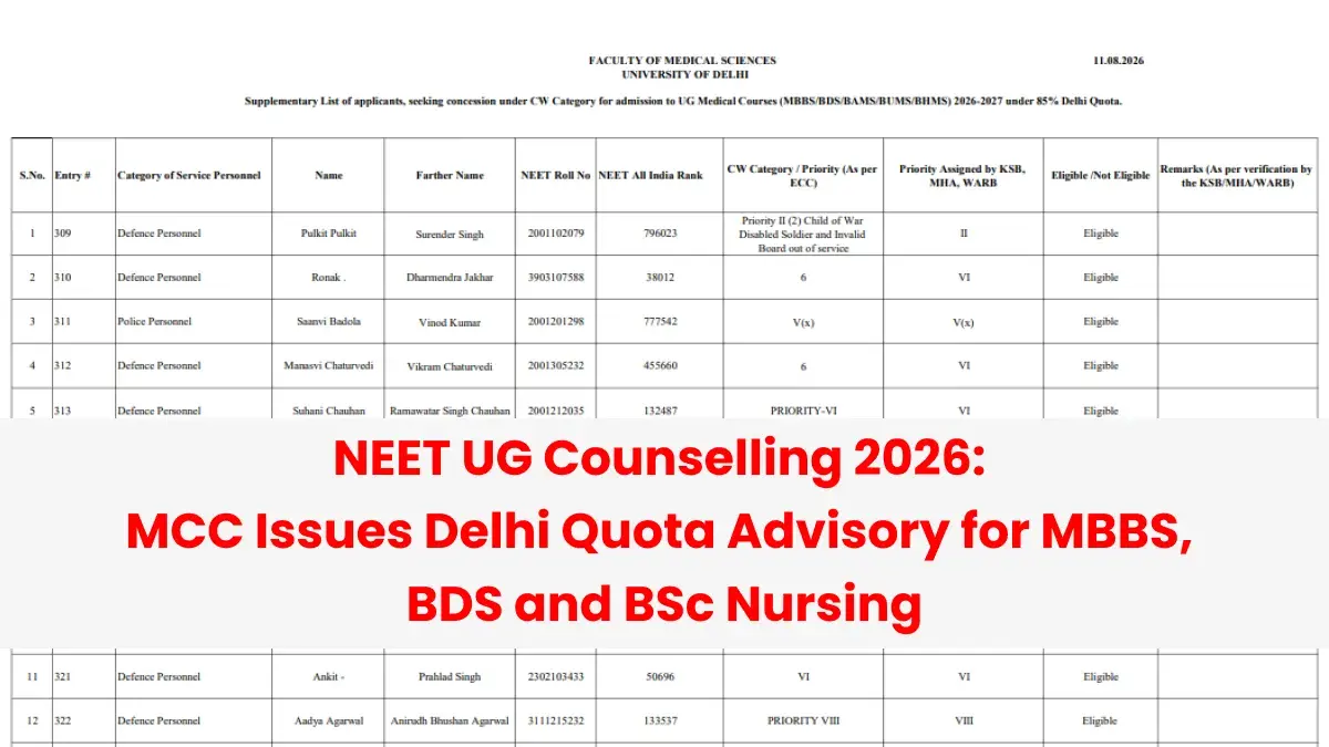 NEET UG Counselling 2026: MCC Issues Delhi Quota Advisory for MBBS, BDS and BSc Nursing