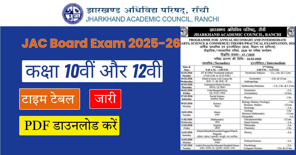 JAC 10th 12th Datesheet 2025-26: झारखंड जैक बोर्ड 10वीं 12वीं परीक्षा की डेटशीट जारी, यहाँ देखें टाइम टेबल