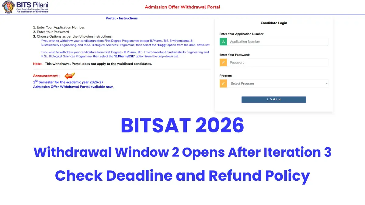 BITSAT 2026 Withdrawal Window 2 Opens After Iteration 3; Check Deadline and Refund Policy