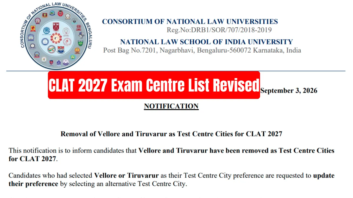 CLAT 2027 Exam Centre List Revised: Vellore & Tiruvarur Removed, Correction Window Open for Candidates