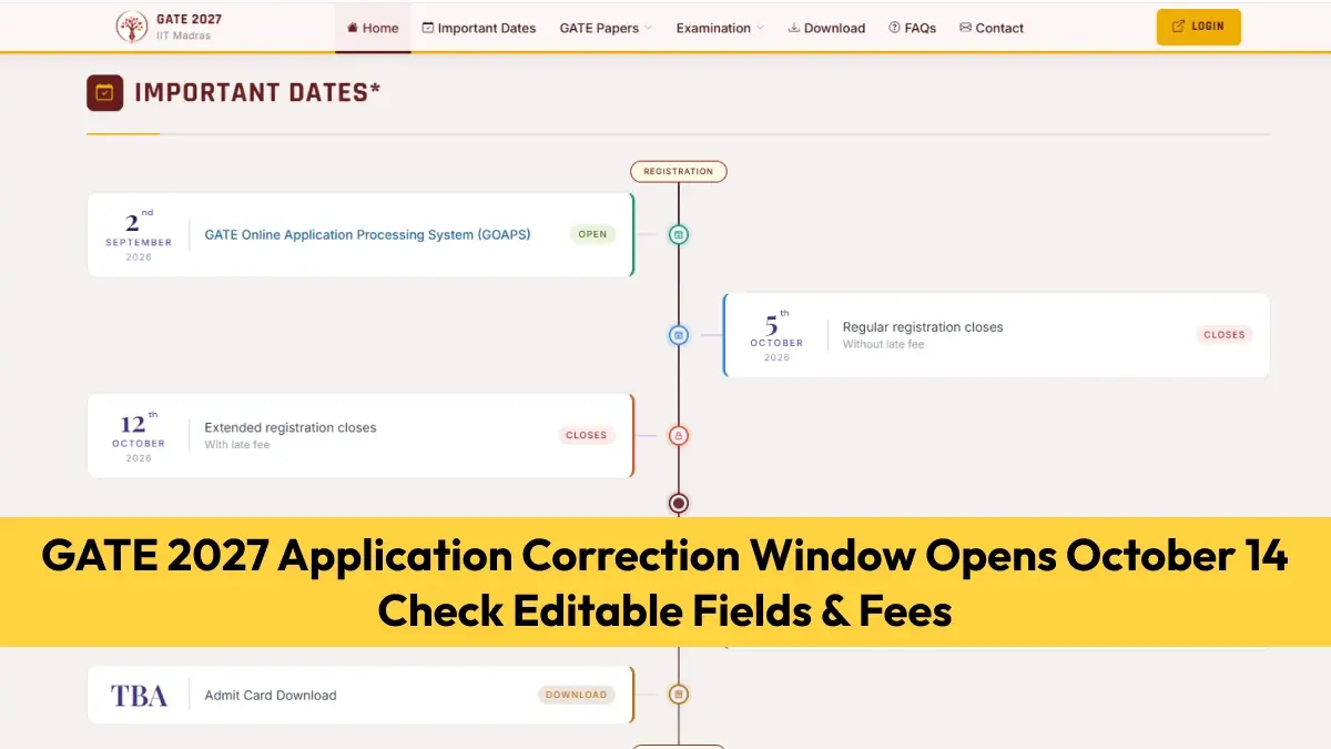 GATE 2027 Application Correction Window Opens October 14: Check Editable Fields & Fees