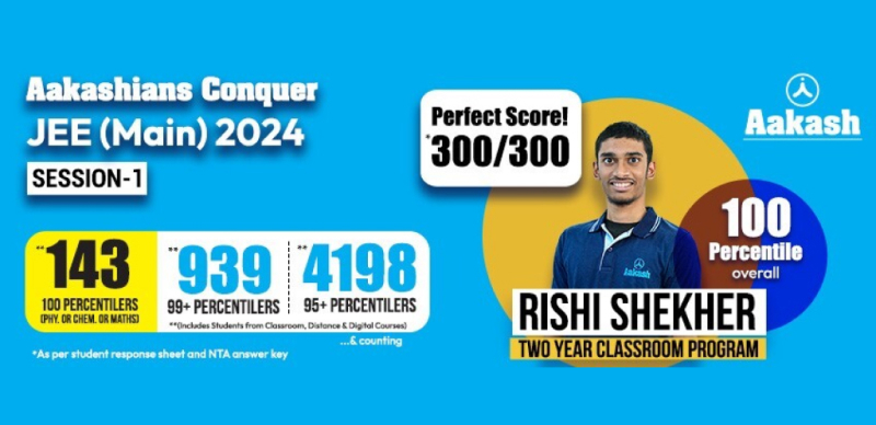 Rishi Shekher Shukla, an Aakash Institute student, achieves an impressive perfect score of 300 / 300 and is the Telangana State Topper in JEE (Main) 2024