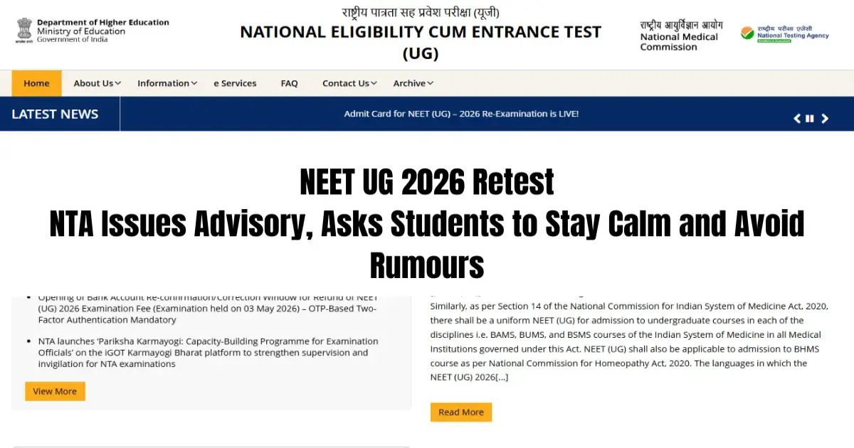 NEET UG 2026 Retest: NTA Issues Advisory, Asks Students to Stay Calm and Avoid Rumours