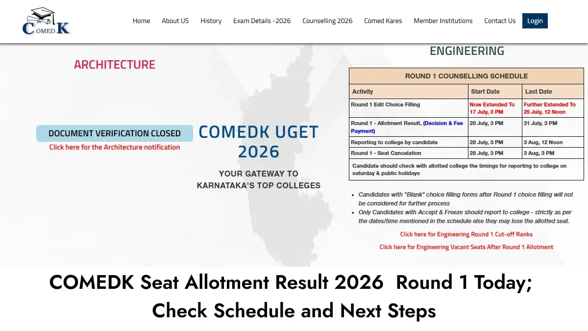 COMEDK Seat Allotment Result 2026 for Round 1 Today; Check Schedule and Next Steps