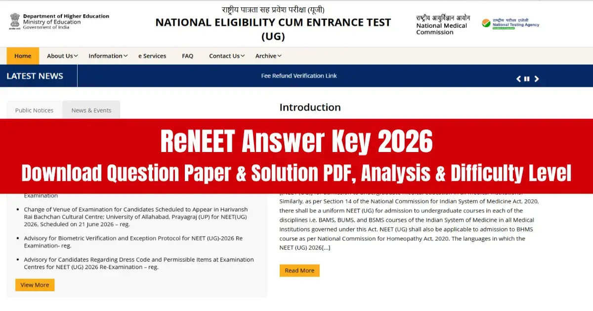 ReNEET Answer Key 2026: Download Question Paper & Solution PDF, Analysis & Difficulty Level