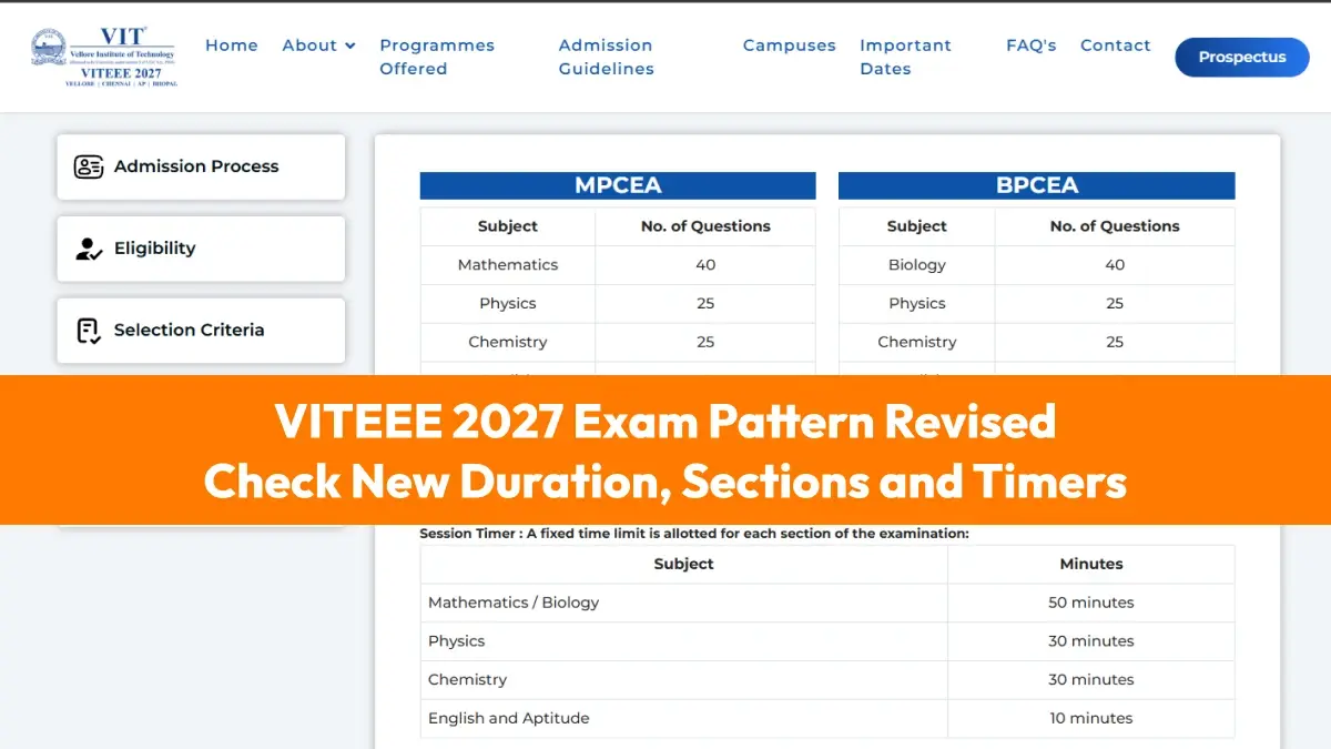 VITEEE 2027 Exam Pattern Revised: Check New Duration, Sections and Timers