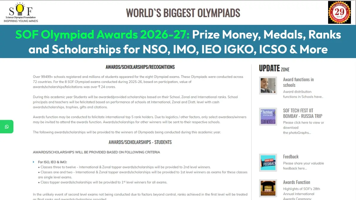 SOF Olympiad Awards 2026-27: Prize Money, Medals, Ranks and Scholarships for NSO, IMO, IEO IGKO, ICSO & More