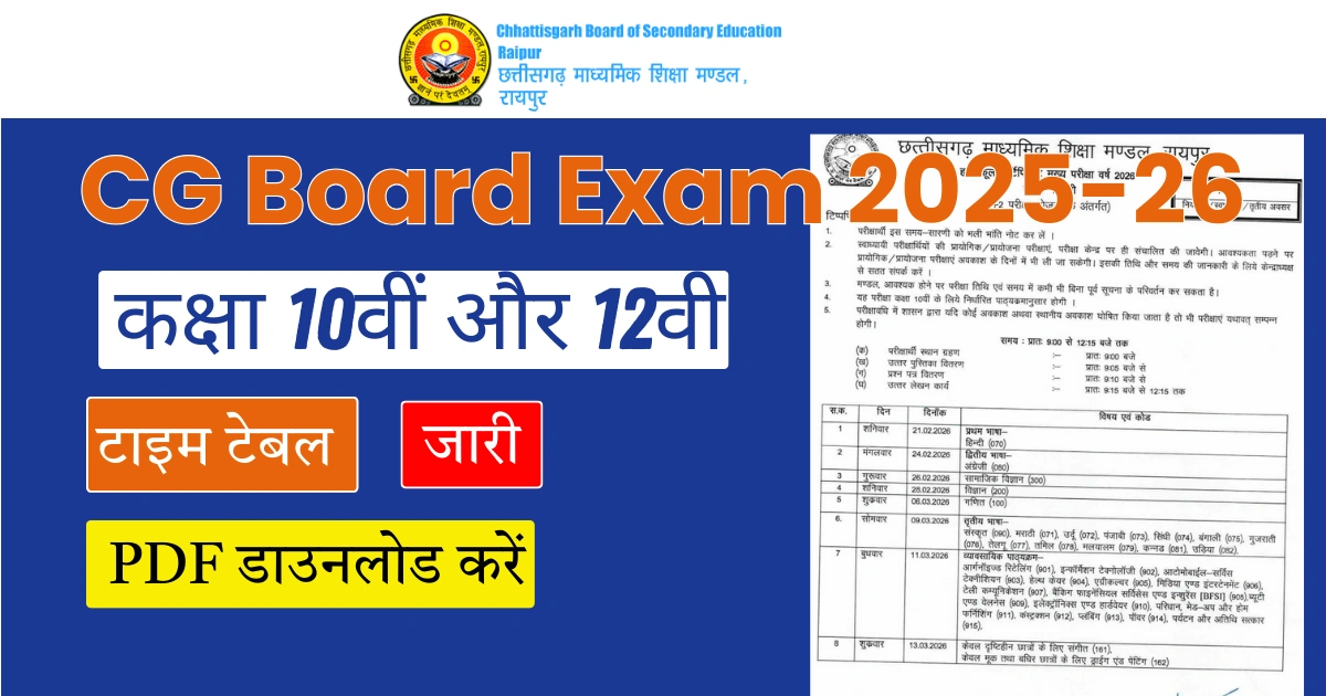 CG Board Time Table 2025-26 Out: सीजी बोर्ड कक्षा 10वीं और 12वीं टाइम टेबल जारी, यहाँ देखें डेटशीट